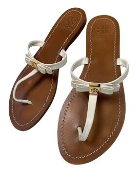 Tory Burch Leighanne Ivory Saffiano Leather Bow Thong Flat Sandals 9